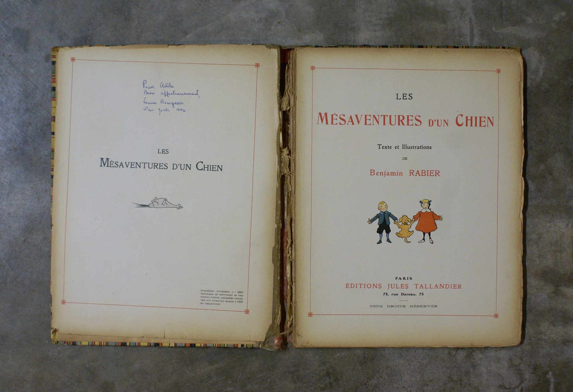 Benjamin Rabier, Les Mésaventures d’un chien, open on the title pages, with Louise Bourgeois’s inscription
